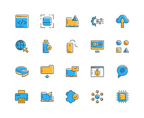 Information technology editable stroke perfect line icon set with IT logo. Communication, online computer, website content, printer, teamwotk, usb, error search. Vector illustration