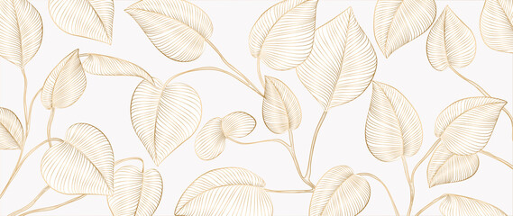 Wall Mural - luxury art background with tropical leaves in gold color in line style. hand drawn botanical banner 