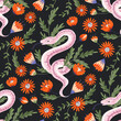 Snake poppy rose flower celestial seamless vector pattern. Floral magic background