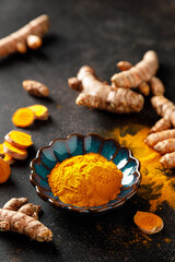 Poster - Turmeric. Fresh turmeric root and turmeric, curcumin powder