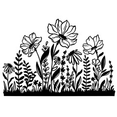Wall Mural - Wild Flowers illustration, Simple Floral meadow sketch silhouette, Minimalist Flower Bouquet, Botanical Paper Cut File