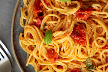 Wall Mural - Homemade Spaghetti Pasta with Fresh Tomato Sauce on a Plate on a gray surface, top view. Flat lay, overhead, from above. Close-up.