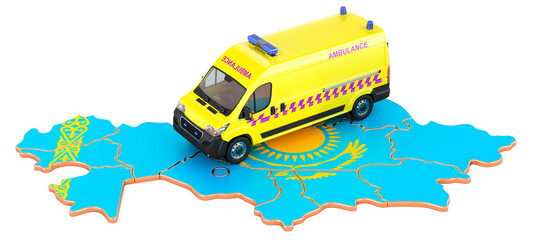 Wall Mural - Emergency medical services in Kazakhstan. Ambulance van on the Kazakh map. 3D rendering