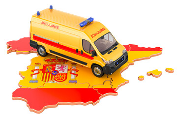 Wall Mural - Emergency medical services in Spain. Ambulance van on the Spanish map. 3D rendering