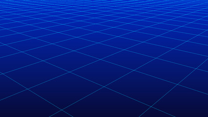 Perspective blue grid on a dark background. Futuristic vector illustration. Background in the style of the 80s.