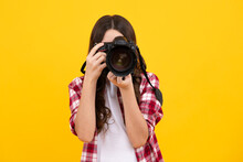 Teenager Girl Photographer With A Dslr Camera. Kid Use Digital Camera. Child Photographing. School Of Photography. Kid Photographer Beginner.