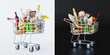 Supermarket trolley cart with fresh products and red handle. Realistic grocery cart 3d render illustration. Shopping cart full of food on black and white background. Grocery and food store concept.