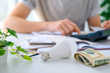 Wall Mural - a man counts a bill on a calculator and a check for electricity on the table. payment of utility ser