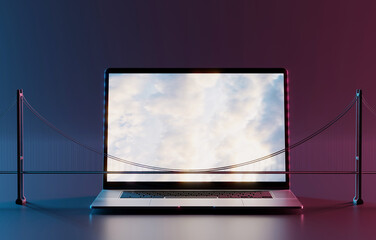 Poster - Bridge coming out of the laptop with a photo of clouds. Model of a suspension bridge on a dark background. 3D render, 3D illustration.