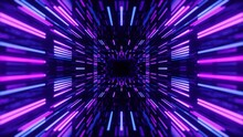 4k Seamless Looped Animation. Fly Through Mirror Symmetrical Tunnel With Neon Pattern, Sci Fi Glow Pattern. Bright Reflection Neon Light. Simple Bright Background, Sci Fi Structure