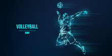Abstract Silhouette Of A Volleyball Player On Blue Background. Volleyball Player Man Hits The Ball. Vector Illustration