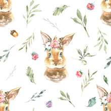 Watercolor Woodland Animals Nursery Cute Seamless Pattern. Forest Animals And Plants Pattern For Kids Wallpaper, Autumn Pattern, Digital Paper, Repeating Background,bunny Illustration Pattern For Kids
