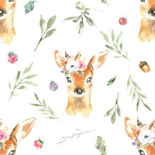 Watercolor Woodland Deer,fawn Animals Nursery Cute Seamless Pattern Illustration.Forest Animal And Greenery, Plant. Pattern For Kids, Wallpaper,digital Paper, Repeating Background,fabric Printable Diy