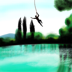 Silhouette of a man ventures to make a risky jump with a branch over a vibrant blue lake on a sunny day surrounded by lots of nature and green trees