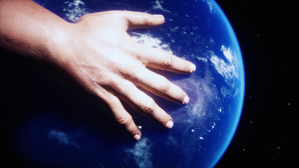 Poster - The earth planet in hands. Outer space. 3d rendering.