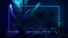 Cyberpunk Background Design. Tropical Leaves With Purple And Green, Rectangle Shaped Neon Frame.