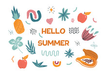 Hello Summer Set. Collection Of Juicy Fruits And Plants For Holidays In Exotic And Tropical Countries. Stickers For Social Networks. Cartoon Flat Vector Illustrations Isolated On White Background