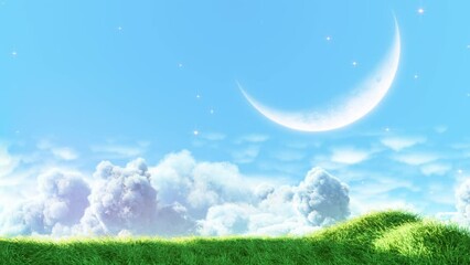 Wall Mural - scene scape clouds and the fresh green with the moon in the summer day. scenery background with a se