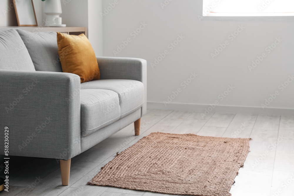 Grey sofa with rug in light living room