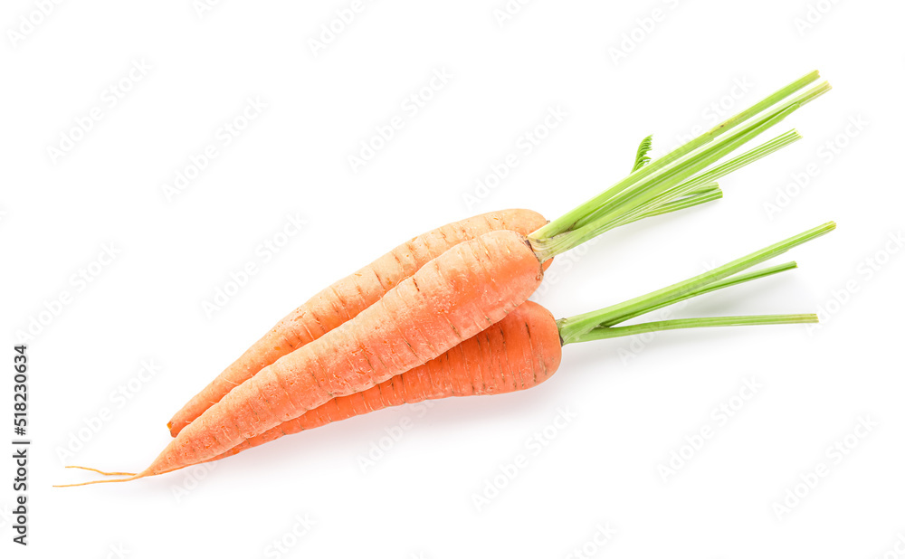 Fresh ripe carrots isolated on white background