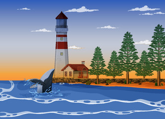 Poster - Lighthouse on the coast at dawn