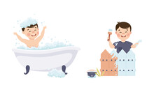 Cute Little Boy In Everyday Activities Set. Smiling Kid Bathing In Bathtub And Coloring Fence With Brush Cartoon Vector Illustration