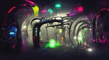 Abstract Futuristic Tunnel With Strange Shapes And Glowing Multicolored Neon Lights. Cyberpunk Background. Fluid Neon. Glowing Liquid Surface. Future Concept. Futuristic Wallpaper. 3D Illustration.