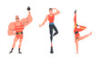 Circus performers set. Strongman lifting kettlebell, acrobats balancing on one hand and on stacked balls cartoon vector illustration