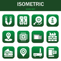 Poster - isometric icon set. Vector illustrations related with Magnets, Lockers and Analysis