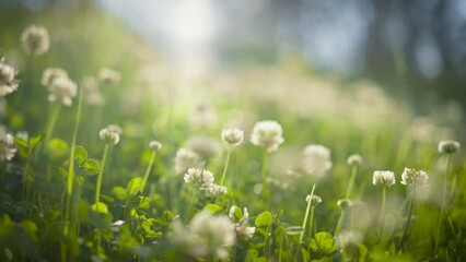 Sticker - White clover flowers and grass field and morning summer sun