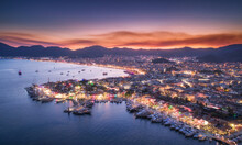Aerial View Of Boats And Beautiful City At Night In Marmaris