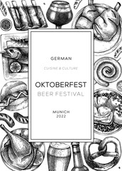 Wall Mural - Oktoberfest background. German food and drinks menu. Vector meat dishes sketches. German cuisine frame. Beer festival black and white illustration in sketched style. Oktoberfest party design.