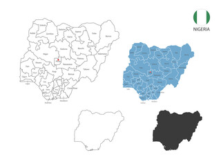 4 style of Nigeria map vector illustration have all province and mark the capital city of Nigeria. By thin black outline simplicity style and dark shadow style.