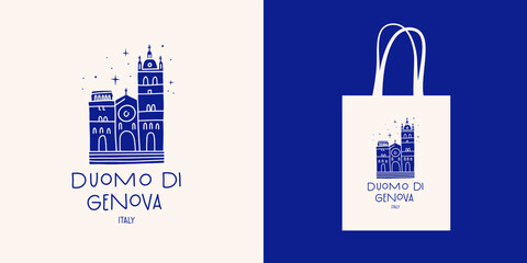 Medieval cathedral of Genoa. Print for a shopper bags and other souvenirs. Ancient symbol in the center of the old city. Popular tourist sight in Italy. Vector illustration isolated.