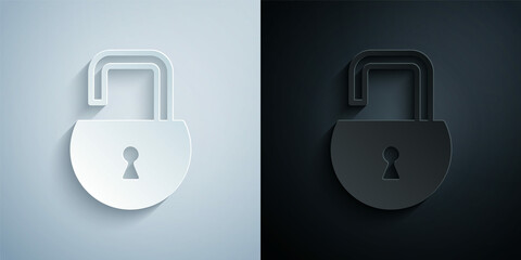 Sticker - Paper cut Open padlock icon isolated on grey and black background. Opened lock sign. Cyber security concept. Digital data protection. Paper art style. Vector