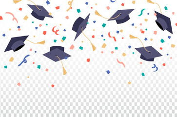 Graduation caps confetti background Flying students hats with colorful ribbons isolated