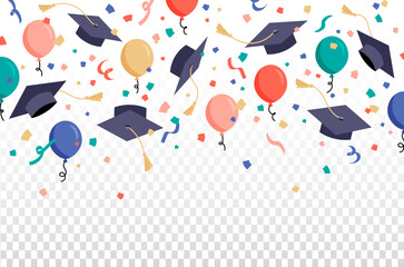 Graduation caps confetti background Flying students hats with colorful ribbons isolated