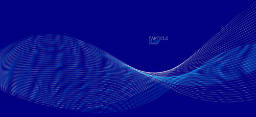 Blue dots in motion dark vector abstract background, particles array wavy flow, curve lines of points in movement, technology and science illustration.