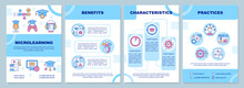 Microlearning Blue Brochure Template. Characteristics. Leaflet Design With Linear Icons. Editable 4 Vector Layouts For Presentation, Annual Reports. Arial-Black, Myriad Pro-Regular Fonts Used