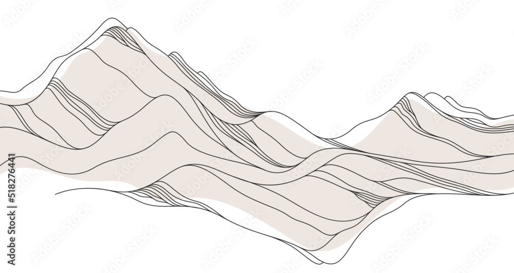 Abstract landscape illustration in oriental Asian style, minimal and simple japaneese background with smooth lines runny like water or hills shapes.