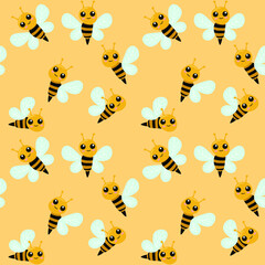 A small bee on a yellow background. Beautiful seamless pattern with honey bees. Beautiful vector children's illustration. Ideal for children's fabric, textiles, packaging.