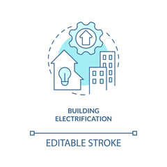 Building electrification turquoise concept icon. Energy efficiency. Net zero practice abstract idea thin line illustration. Isolated outline drawing. Editable stroke. Arial, Myriad Pro-Bold fonts used