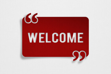 welcome text on dark red paper cut with grunge grey texture background