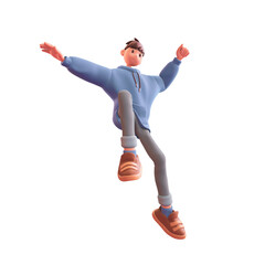 Young tall cute excited funny smiling сasual asian active guy wears fashion clothes blue hoodie, gray jeans, brown sneakers jump up in air have fun, rejoice, joy. 3d render isolated on white backdrop.