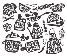 Kitchen Utensils Food Elements. Sketch Style Cooking Lettering Icons Set For Badges, Labels, Logo, Sweet Shop, Bakery, Snack Bar, Country Fair, Kitchen Classes, Cafe. Hand Drawn Vector.