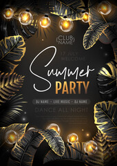 Wall Mural - Summer party poster with black and gold tropic leaves and modern electric lamps. Nature concept. Summer background. Vector illustration