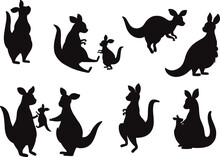 Kangaroo Family Mother Wallaby With Baby Bag Australia Marsupial Isolated Vectors Silhouettes