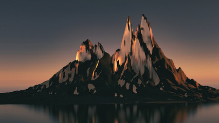 Wall Mural - 3d render photorealistic landscape of snow-capped mountains in the lagoon of a lake or sea, ocean, evening beautiful sunset