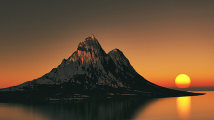 Wall Mural - landscape of snow-capped mountains in the lagoon of a lake or sea, ocean, evening beautiful sunset the sun is setting