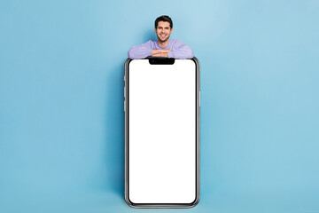 Sticker - Full length body size view of attractive cheery guy demonstrating big copy empty space ad isolated over bright blue color background